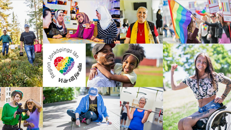 Bild på människor och Region Jönköpings län logotyp, ett regnbågsfärgat hjärta med texten Vi är till för alla.